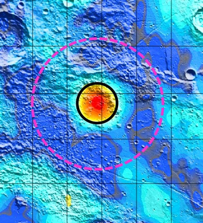 The Earhart crater, a previously unknown lunar crater, is outlined in the magenta dash circle. The Earhart crater, a previously unknown lunar crater, is outlined in the magenta dash circle.