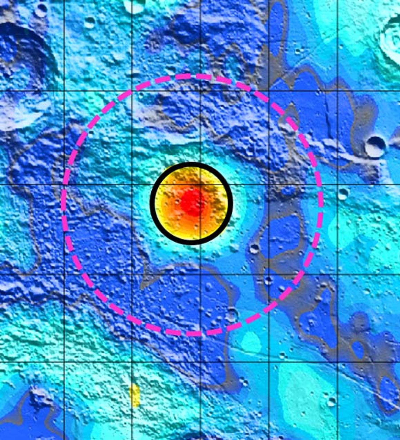 The Earhart crater, a previously unknown lunar crater, is outlined in the magenta dash circle.