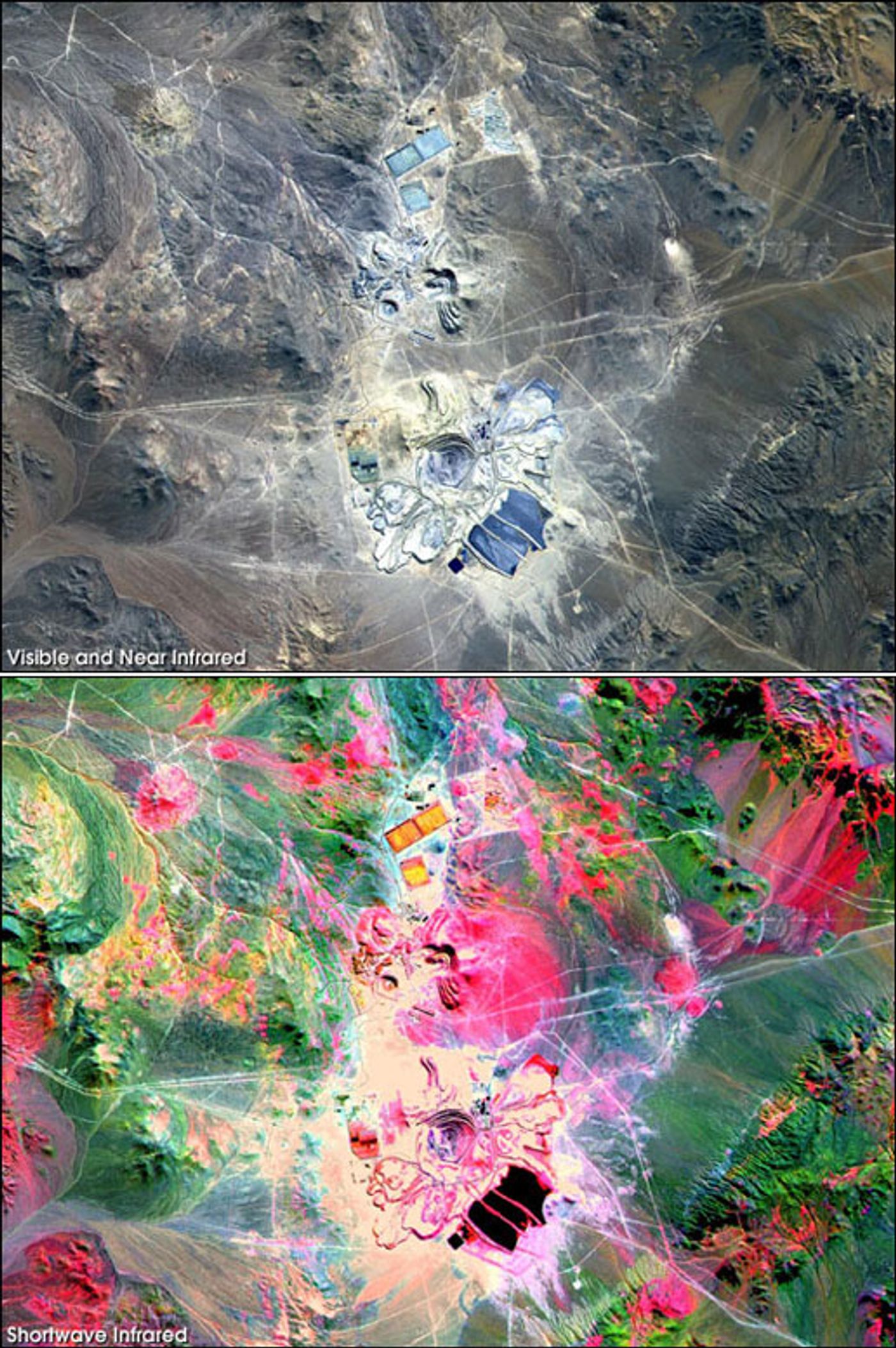 Two versions of the same image of the Escondido Mine in Chile