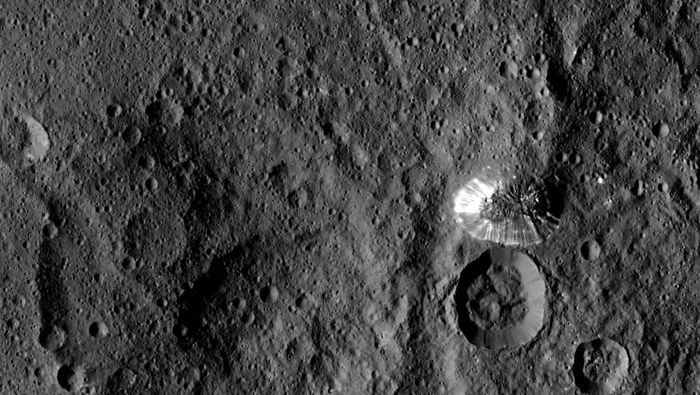 NASA's Dawn spacecraft sent back this picture of Ceres' surface with the conical mountain NASA is interested in.