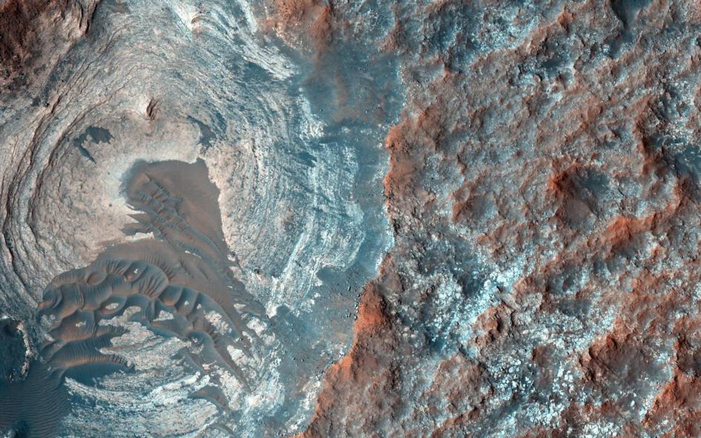 Dunes in a circular depression on Mars, taken by the Mars Reconnaissance Orbiter