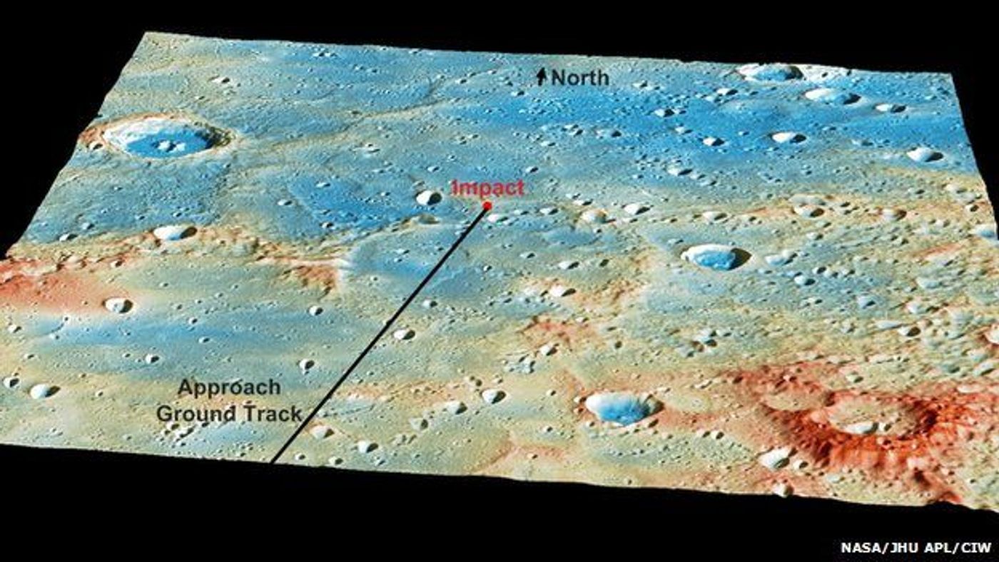 An image of the predicted impact area of the Mercury Messenger spacecraft