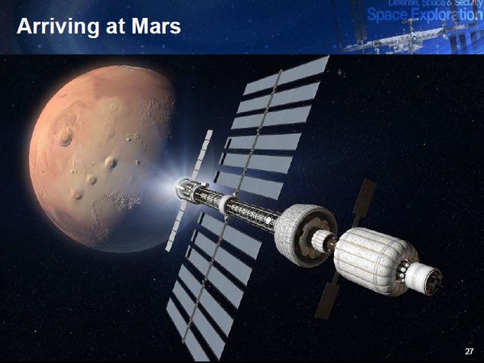 Artist's conception of a manned Mars ship with solar electric propulsion