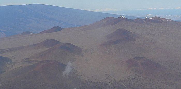 Mauna Kea Observatory from the air with Mauna Loa visible in the background