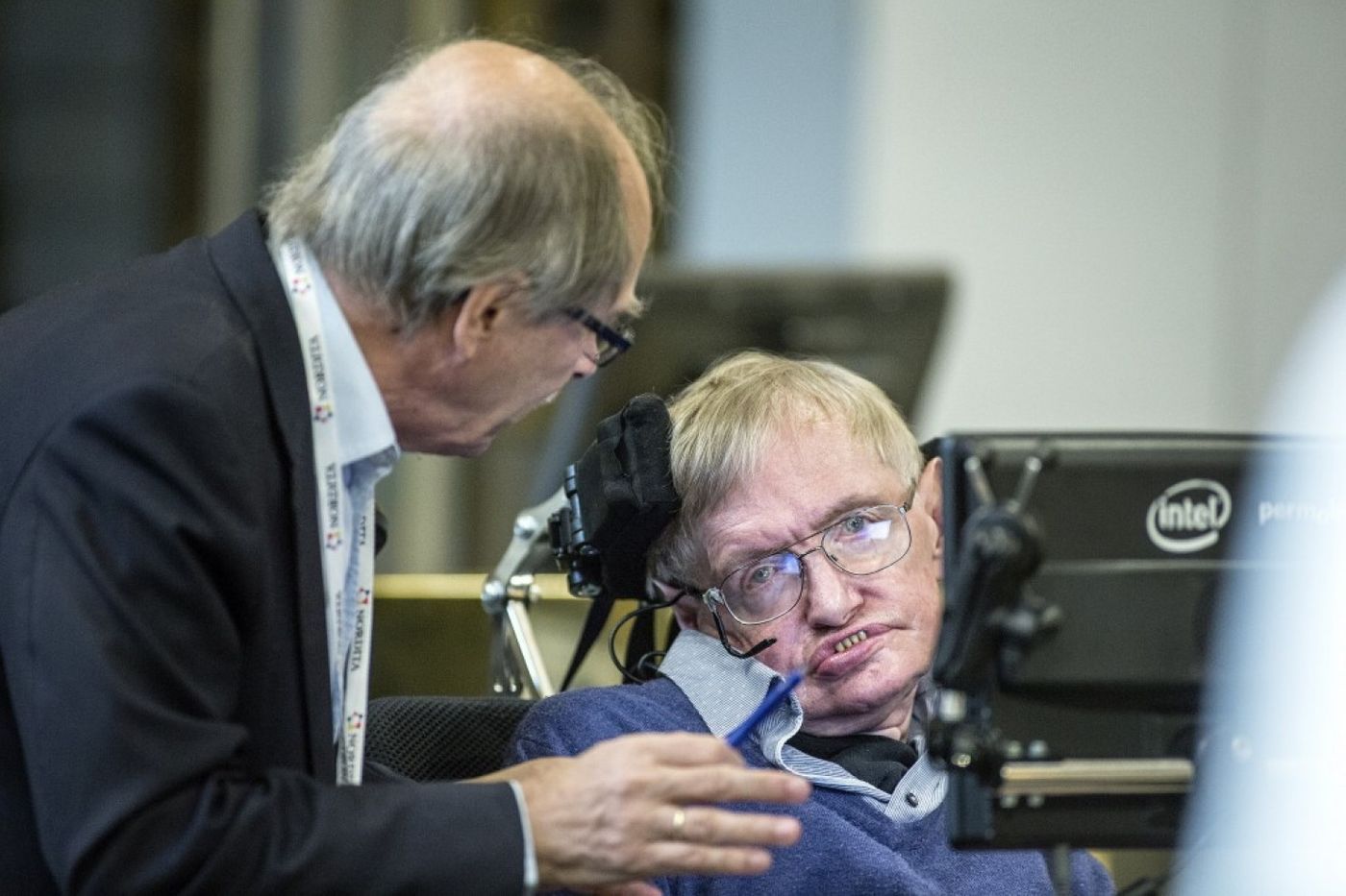 Stephen Hawking gives a lecture on black holes at KTH in Stockholm, Sweden.