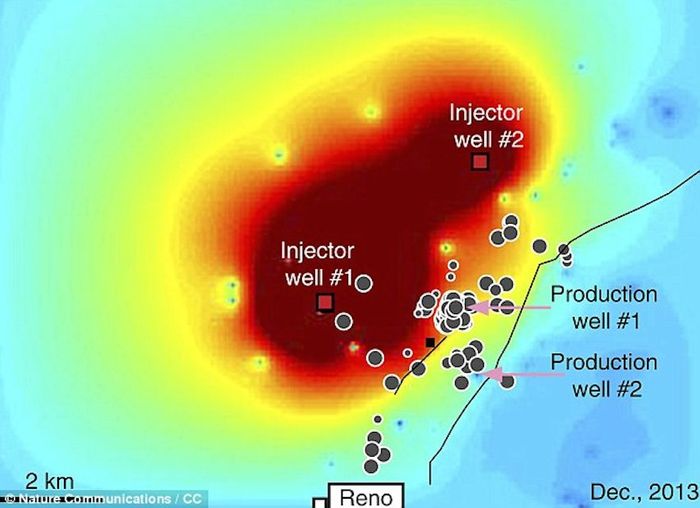 A series of earthquakes that rattled a small Texan community have been linked to nearby oil and gas operations. In this image red squares are injector locations; pink arrows, approximate location of two large brine production wells that are located both near the faults and near reported earthquakes swarms. dailymail.co.uk A series of earthquakes that rattled a small Texan community have been linked to nearby oil and gas operations. In this image red squares are injector locations; pink arrows, approximate location of two large brine production wells that are located both near the faults and near reported earthquakes swarms. dailymail.co.uk