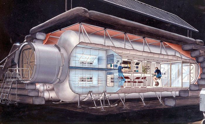 A 1990 illustration of one possible configuration for an early outpost on the moon