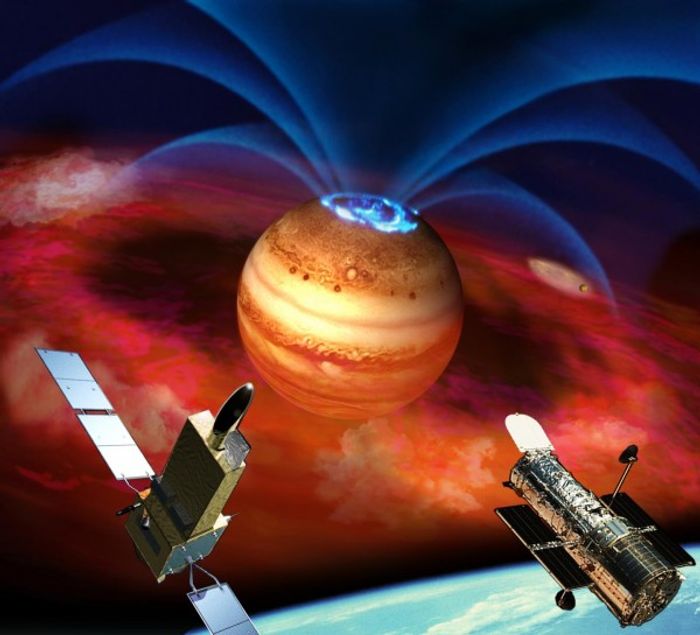 Artist's rendering of exploding auroras in Jupiter's magnetic field Artist's rendering of exploding auroras in Jupiter's magnetic field