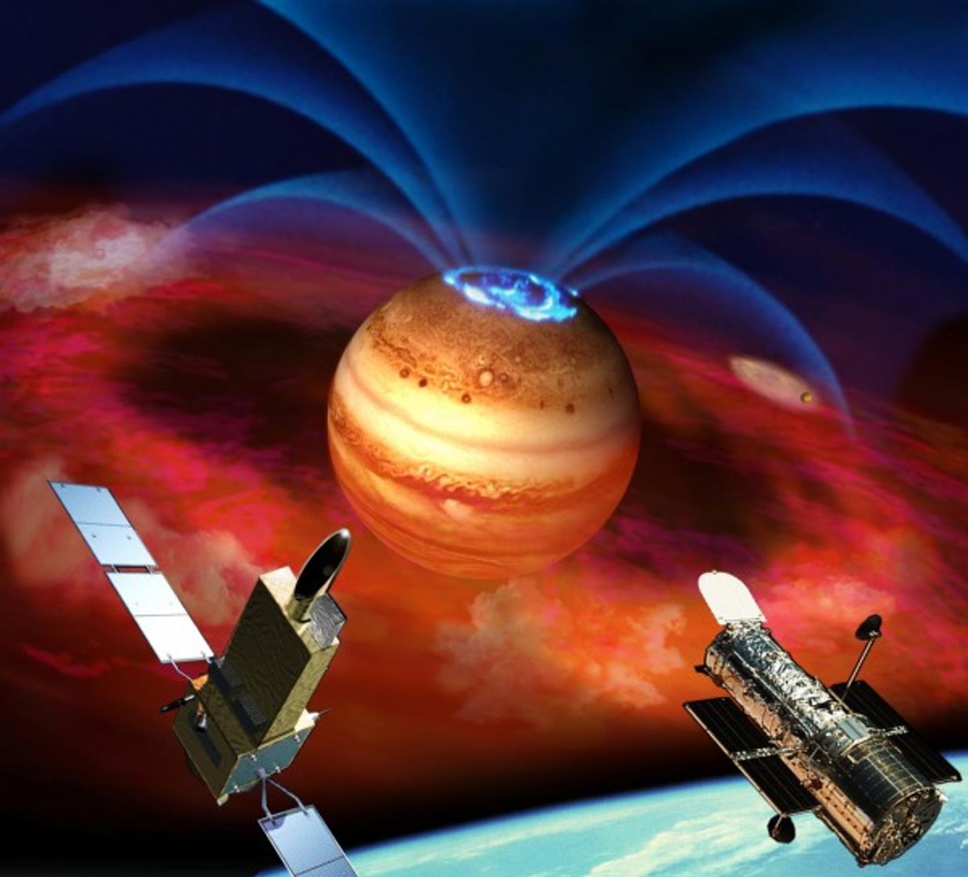 Artist's rendering of exploding auroras in Jupiter's magnetic field