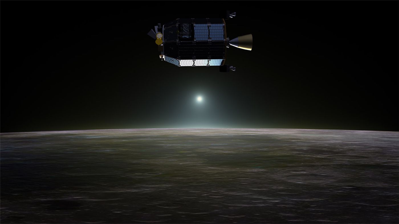 This is an artist's rendition of the LADEE spacecraft just over the Moon.