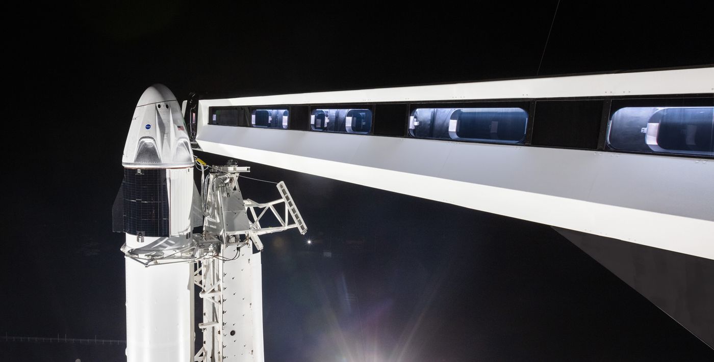 SpaceX's Crew Dragon capsule currently sits atop a Falcon 9 rocket at Launch Complex 39A.