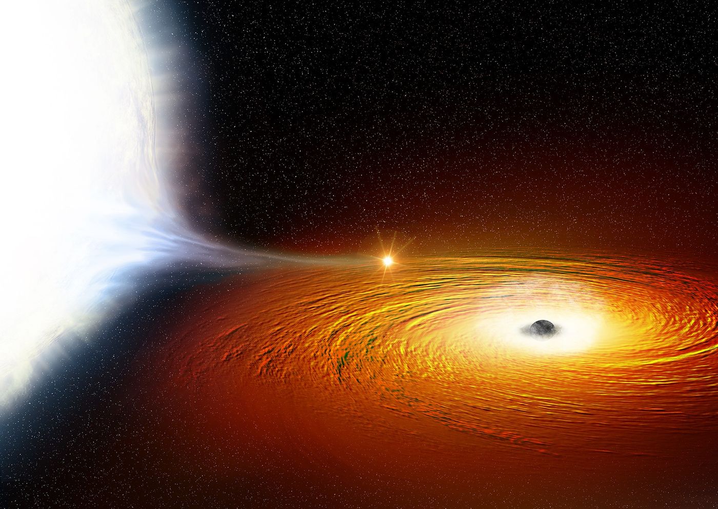 An artist's impression of the white dwarf orbiting the black hole in the binary.