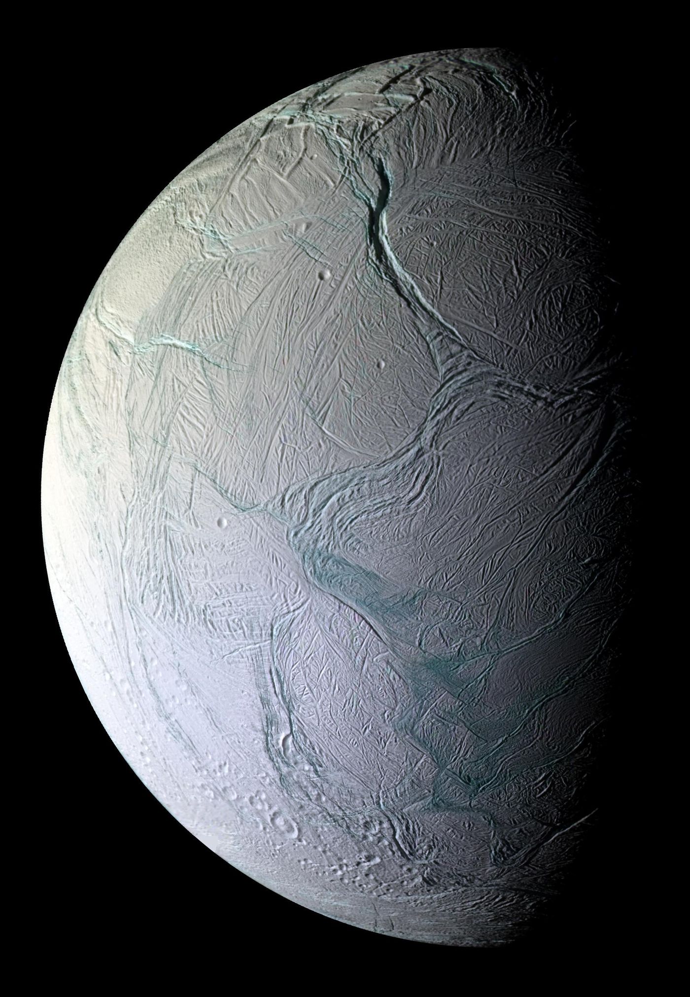 On Oct. 9, 2008, just after coming within 25 kilometers (15.6 miles) of the surface of Enceladus, NASA's Cassini captured this stunning mosaic as the spacecraft sped away from this geologically active moon of Saturn. Image Credit: NASA/JPL/Space Science Institute