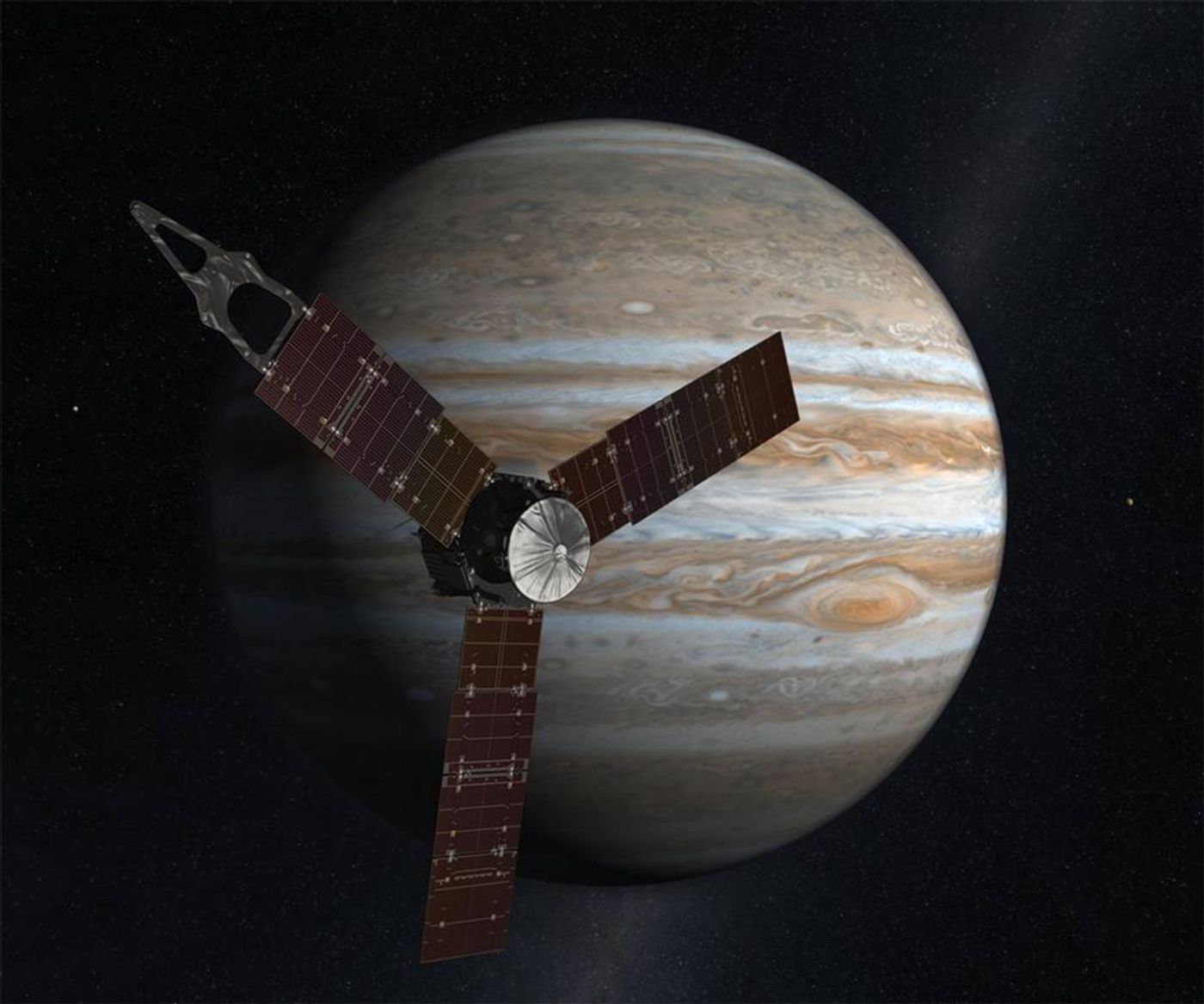 An artist's impression of Juno circling Jupiter.