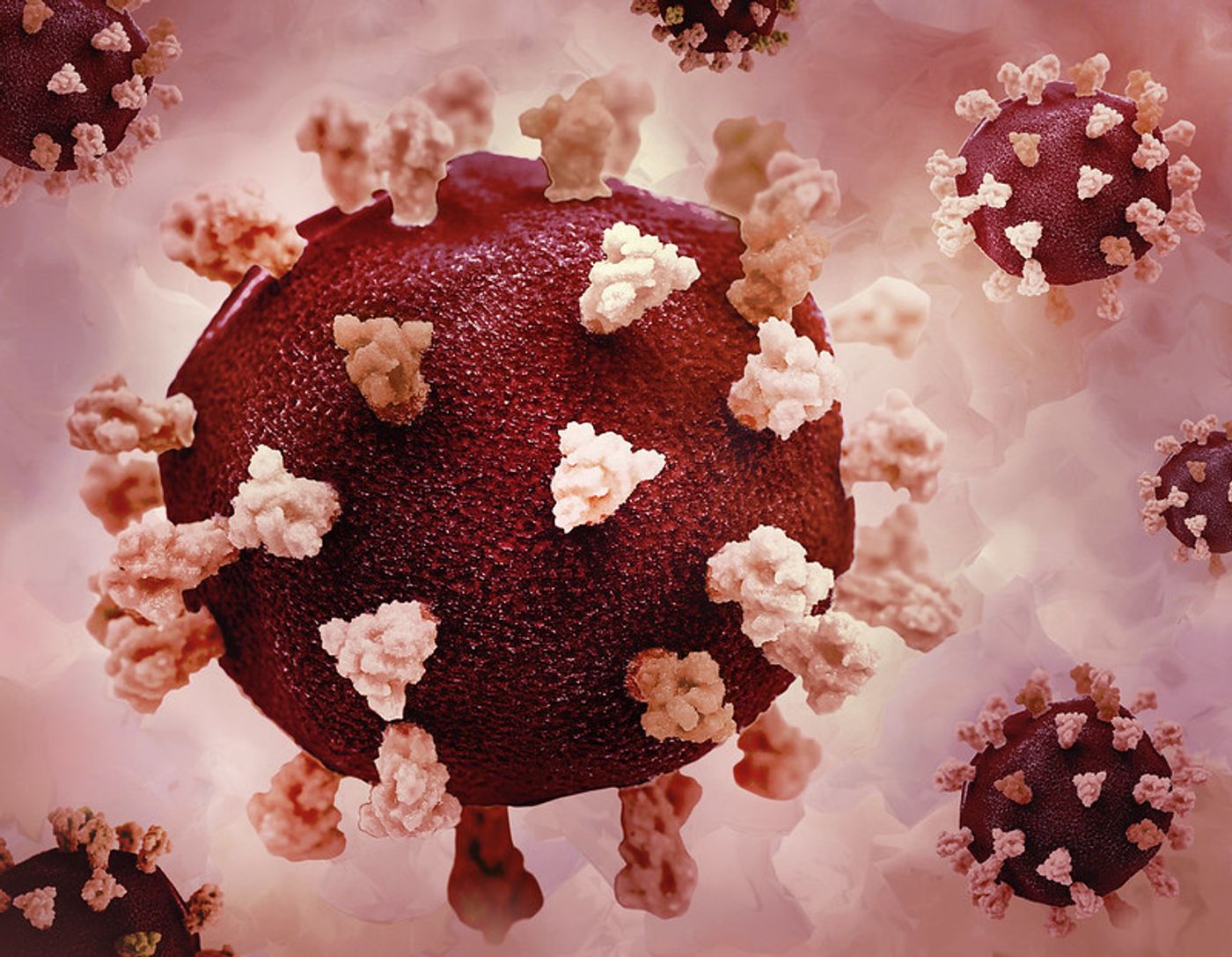 Colorized 3D prints of SARS-CoV-2 virus particles against a creative background. Credit: NIAID