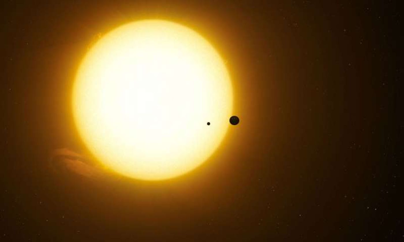 An artist's impression of a Neptune-sized exomoon orbiting an exoplanet 8,000 light years away from Earth.