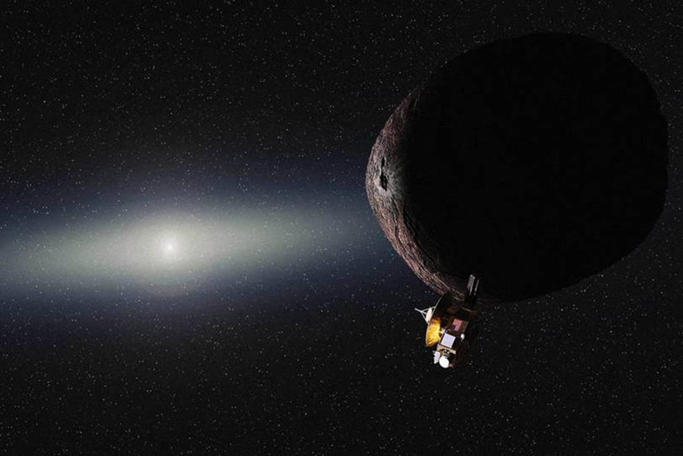 An artist's rendition of the New Horizons spacecraft flying past Ultima Thule.