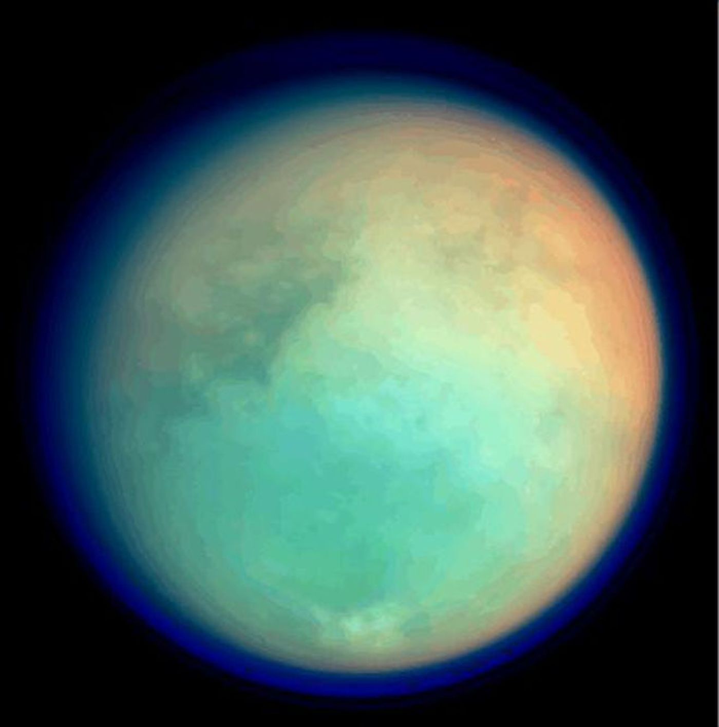 An image of Titan as taken from the Cassini spacecraft.