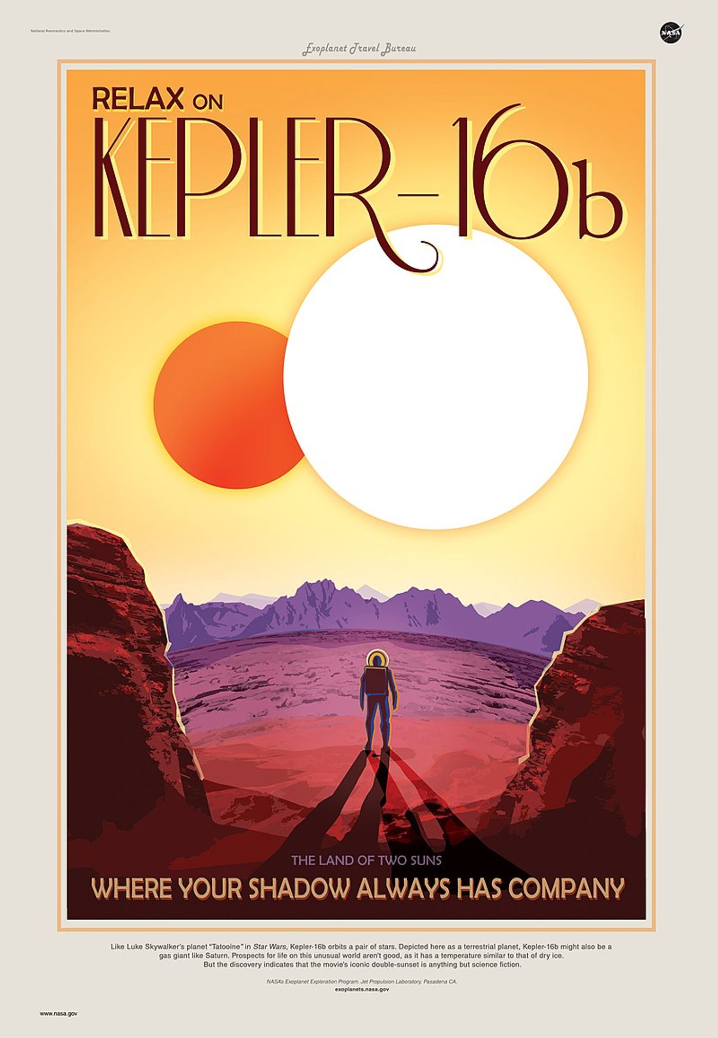 NASA Exoplanet Exploration Program "travel poster" for Kepler-16b. Image Credit: NASA/JPL-Caltech