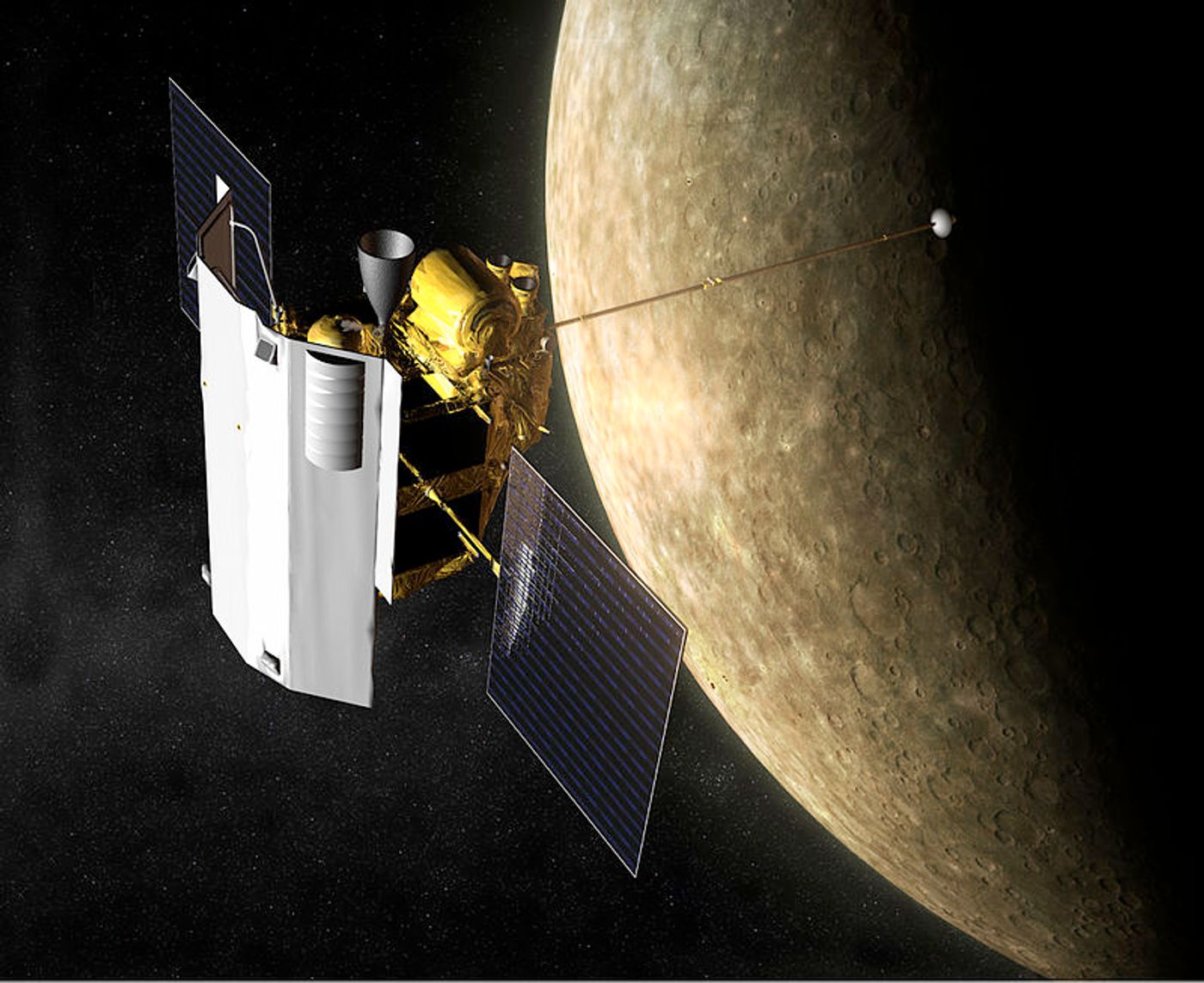 Artist depiction of the MESSENGER spacecraft in orbit around Mercury. Image Credit: NASA/Johns Hopkins University Applied Physics Laboratory