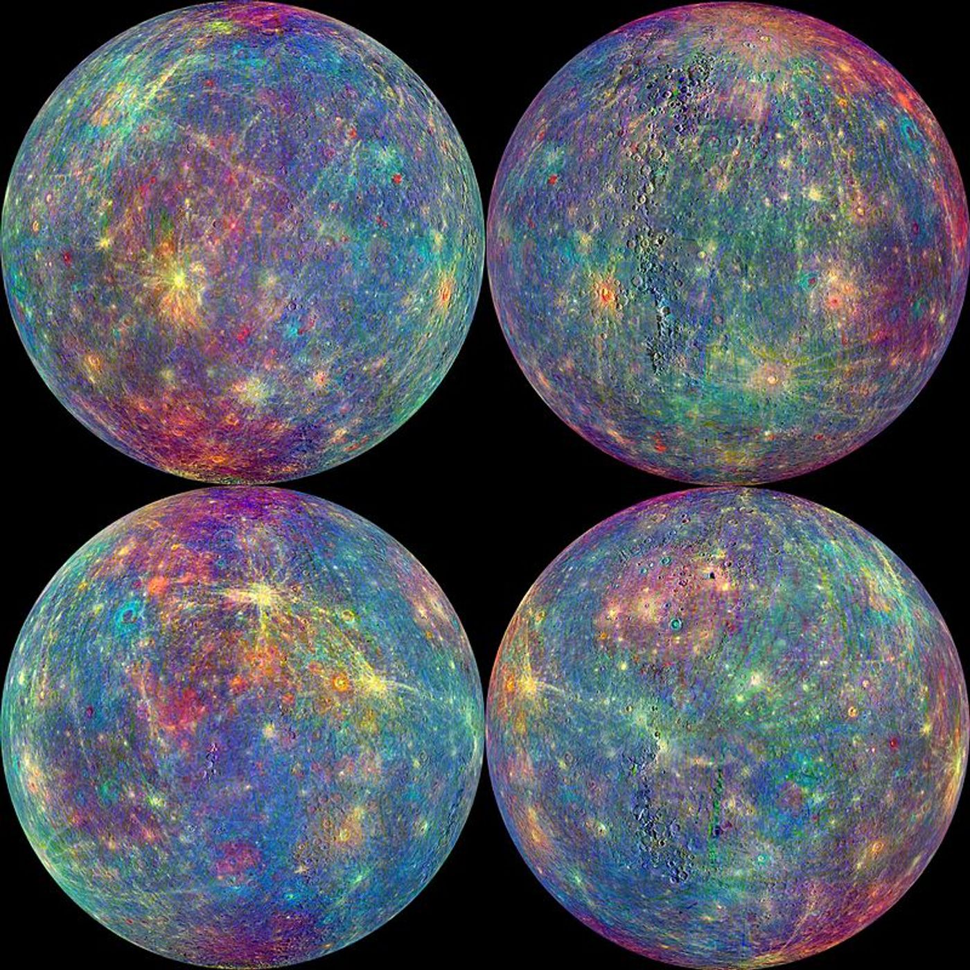 Spectral image of Mercury from the Mercury Atmospheric and Surface Composition Spectrometer (MASCS) instrument onboard the MESSENGER spacecraft. Image Credit: NASA/Johns Hopkins University Applied Physics Laboratory/Carnegie Institution of Washington