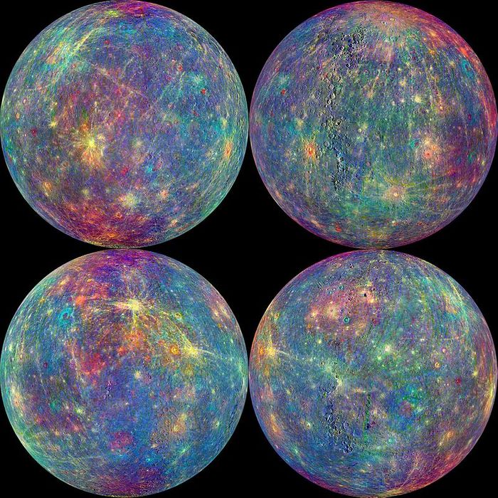 Spectral image of Mercury from the Mercury Atmospheric and Surface Composition Spectrometer (MASCS) instrument onboard the MESSENGER spacecraft. Image Credit: NASA/Johns Hopkins University Applied Physics Laboratory/Carnegie Institution of Washington