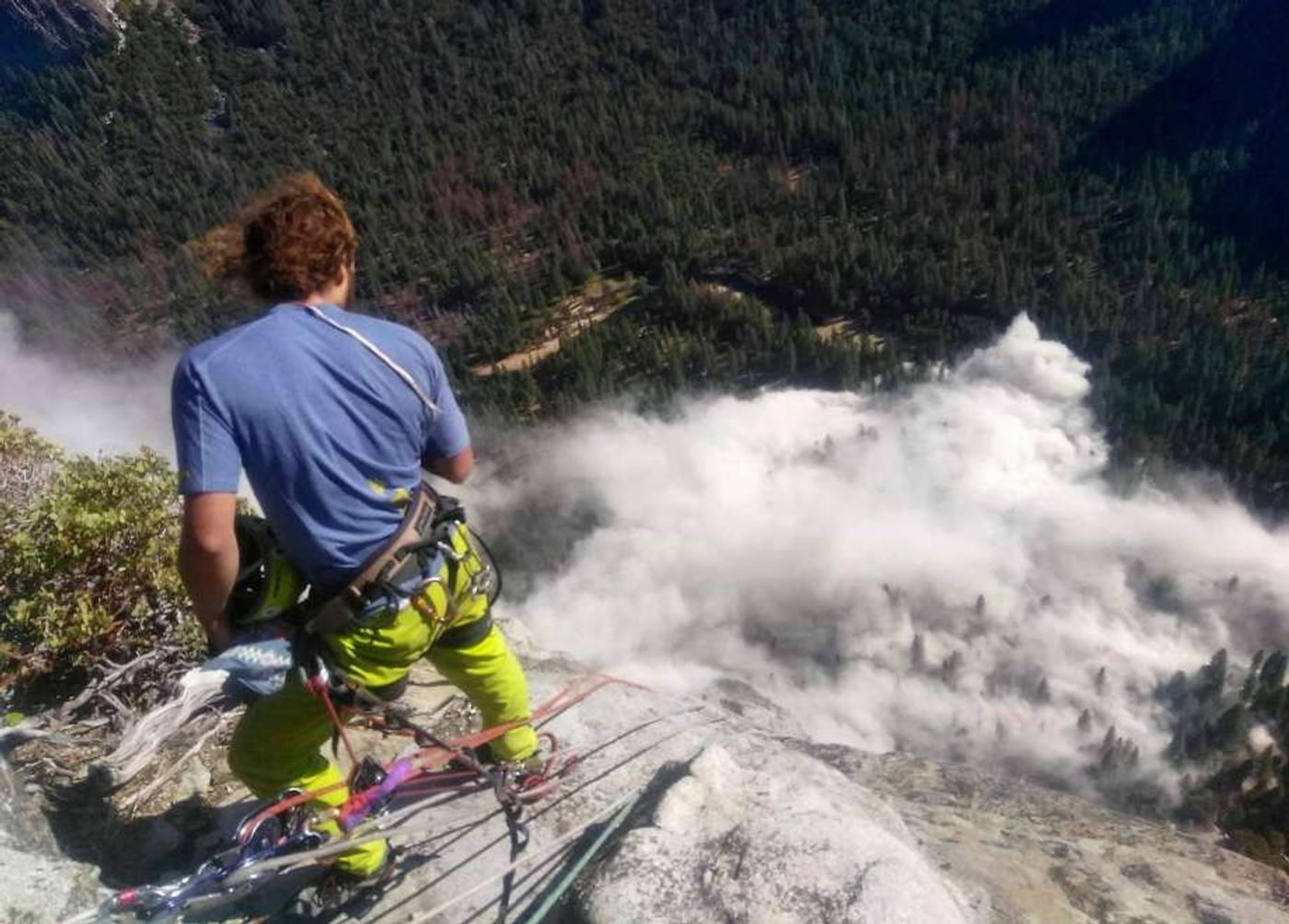 Climber Ryan Sheridan looks down on the rock fall from the top of El Capitan. Photo: Peter Zabrok, SF Chronicle