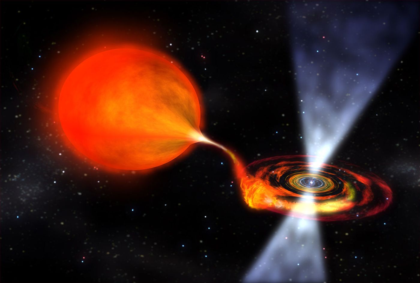 An artist's impression of a pulsar binary system.