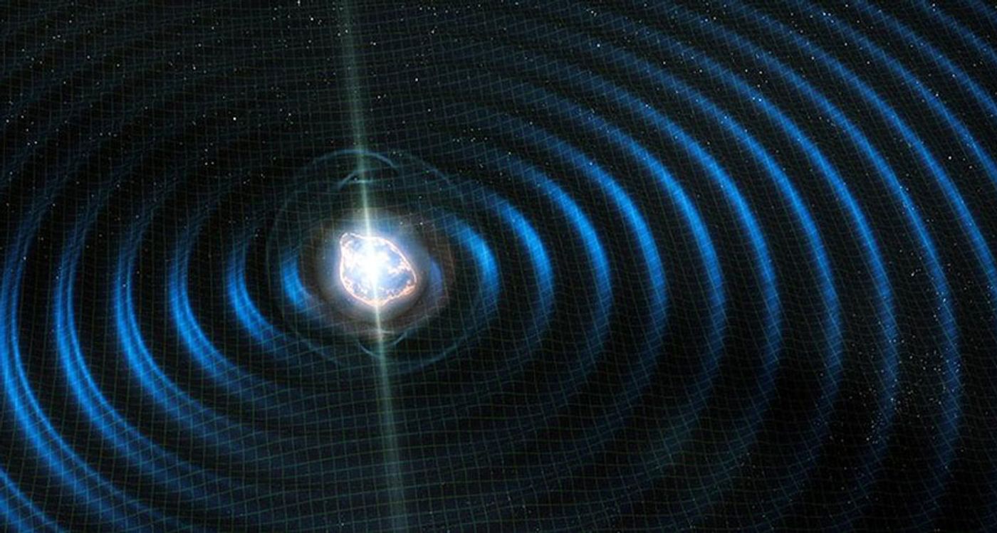 An artist's rendition of gravitational waves rippling through space, including the suspicious extra dimensions (Fermi Lab)