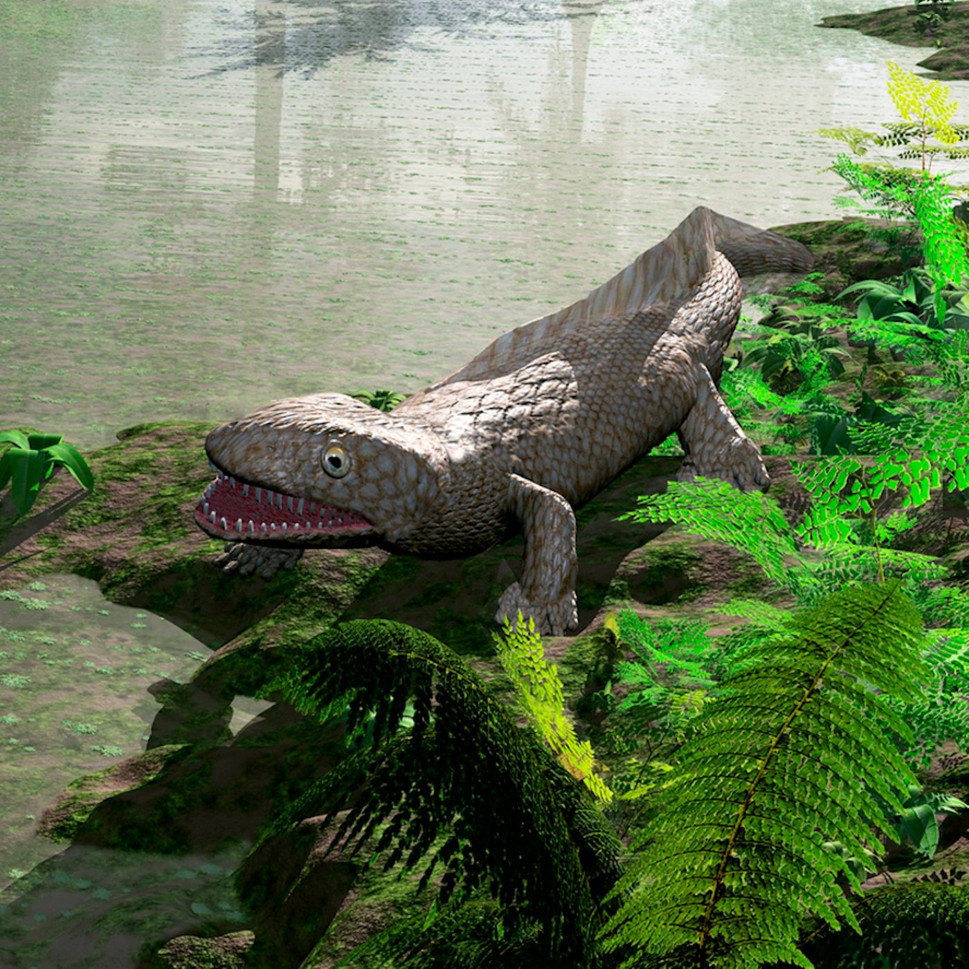 A computer render of a tetrapod, a type of creature that might have existed just after Earth's extinction-level-event 360 million years ago.