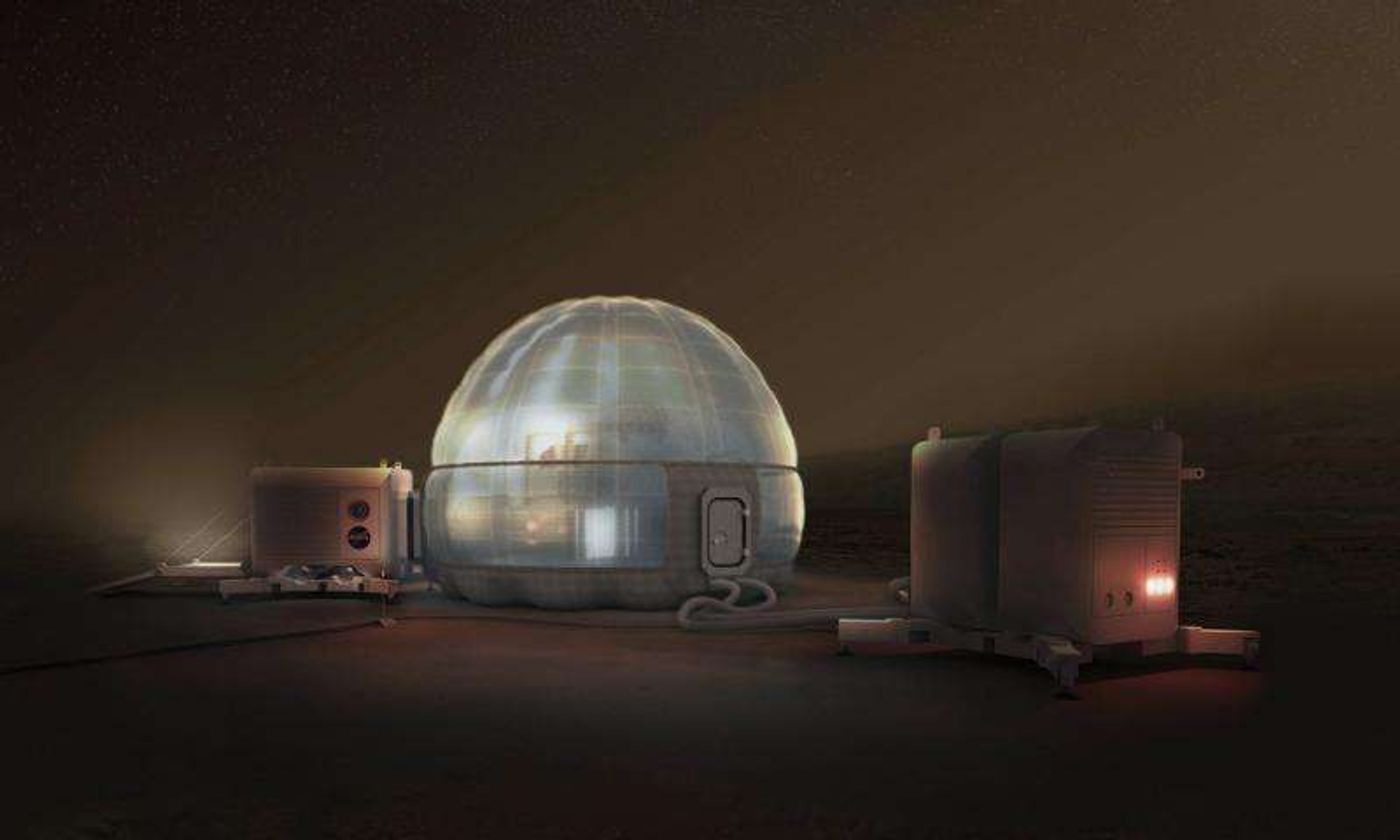 An artist's impression of such igloo-like domes with ice-filled walls to protect Martian astronauts from cosmic radiation.