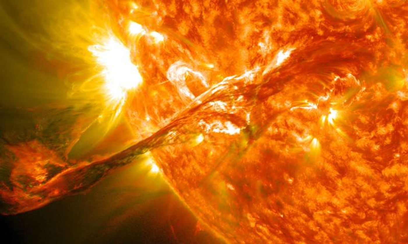 A solar tornado projects from the Sun, observed by NASA's SDO on August 31, 2012