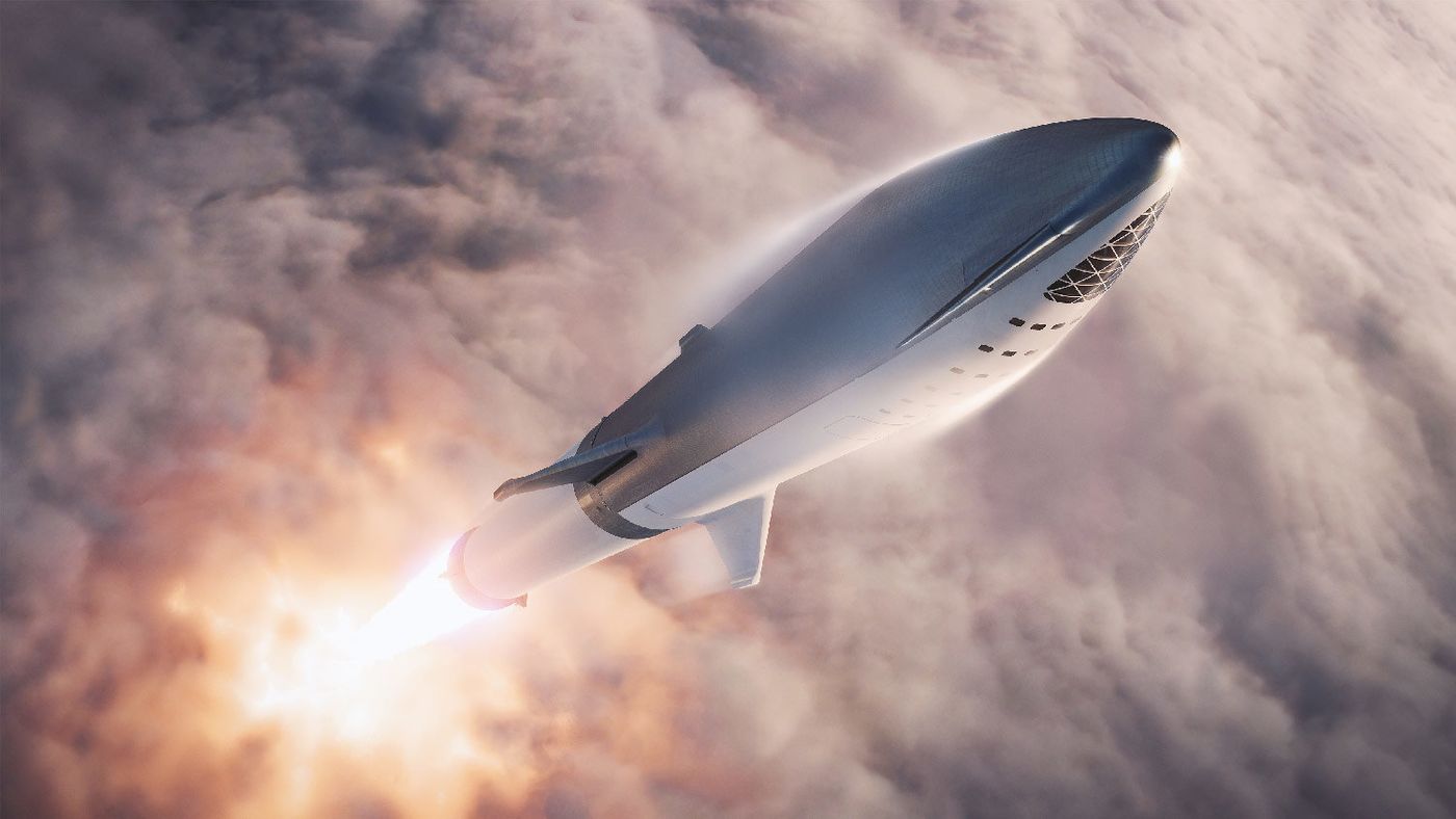 An artist's rendition of SpaceX's BFR mid-flight.