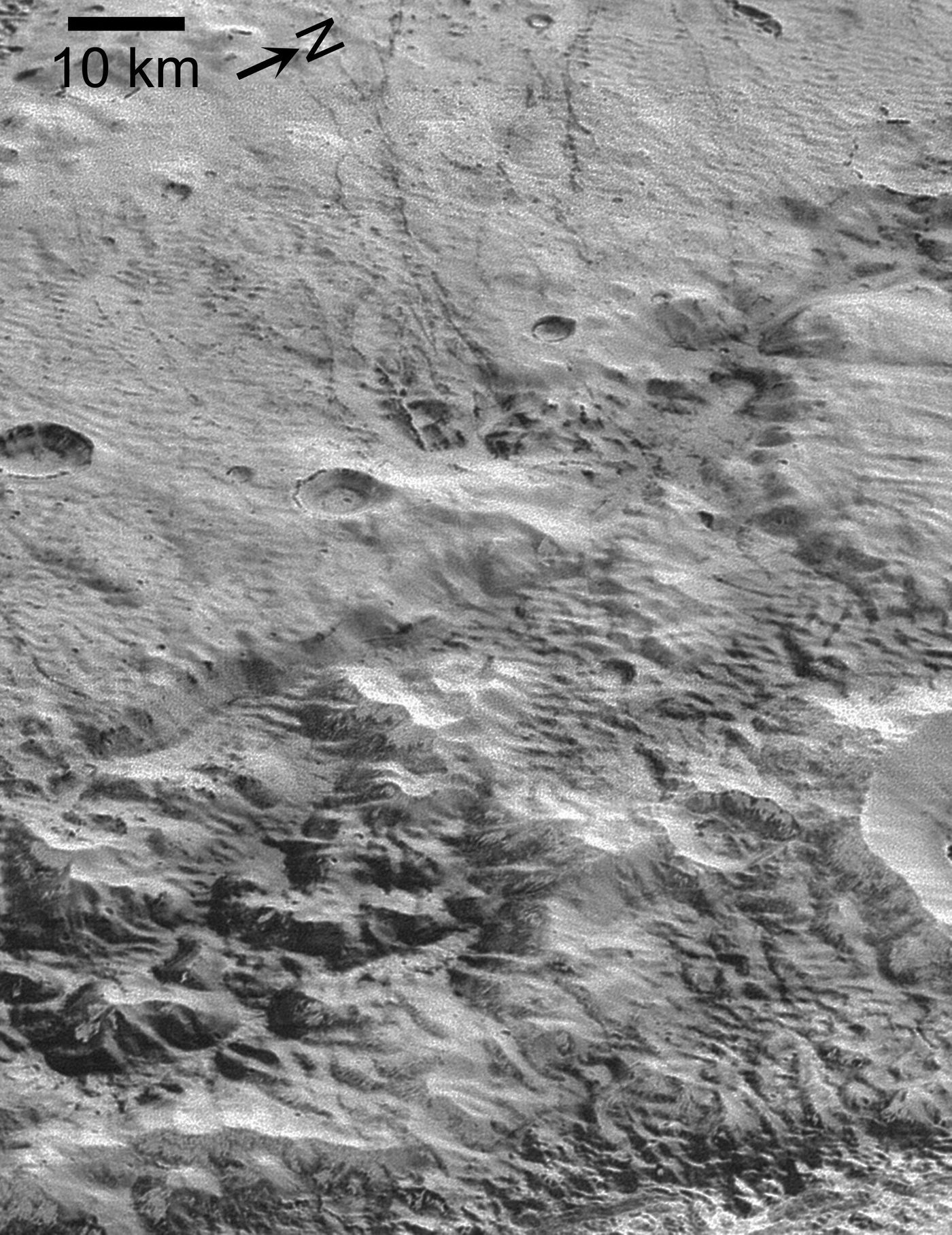 A closer look at Pluto's washboard and fluted terrain.