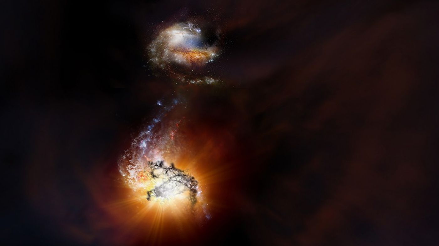 An artist's impression of ADFS-27, a duo of two early-universe galaxies that seem to be merging.