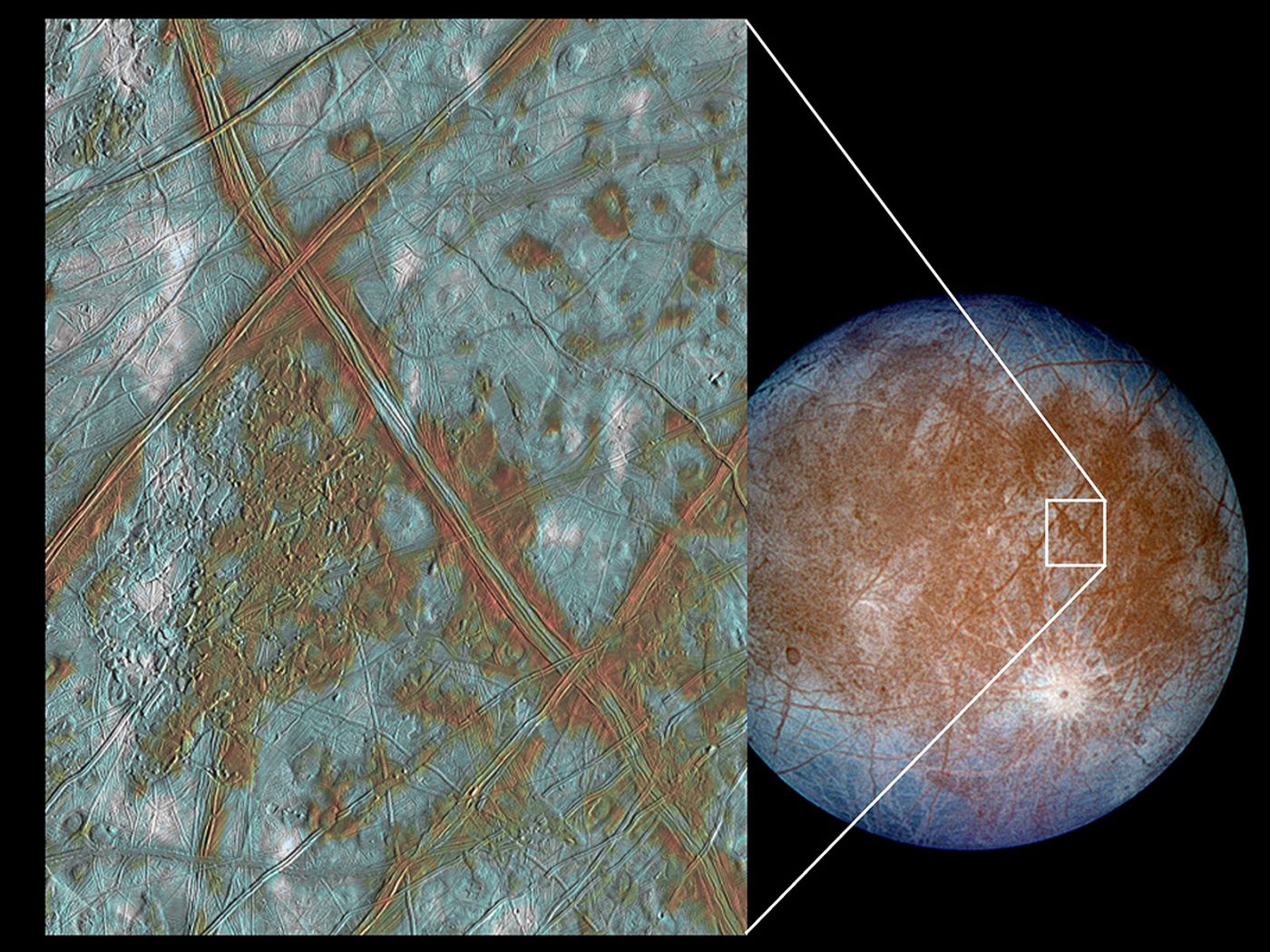 These images of Europa and its surface were taken by the Galileo spacecraft between late 1996 and early 1997 show blocks in the crust that provide further evidence for a subsurface ocean. (Image Credit: NASA/NASA JPL/University of Arizona)