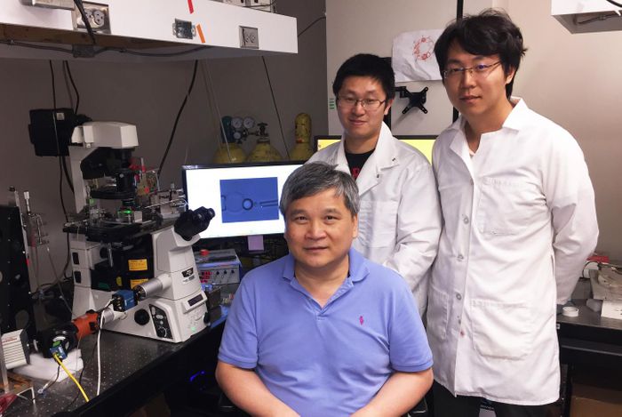 Ju, Zhu (seated), and Chen with the fluorescence biomembrane force probe.