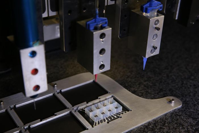 The heart-on-a-chip is made entirely using multi-material 3D printing in a single automated procedure, integrating six custom printing inks at micrometer resolution.