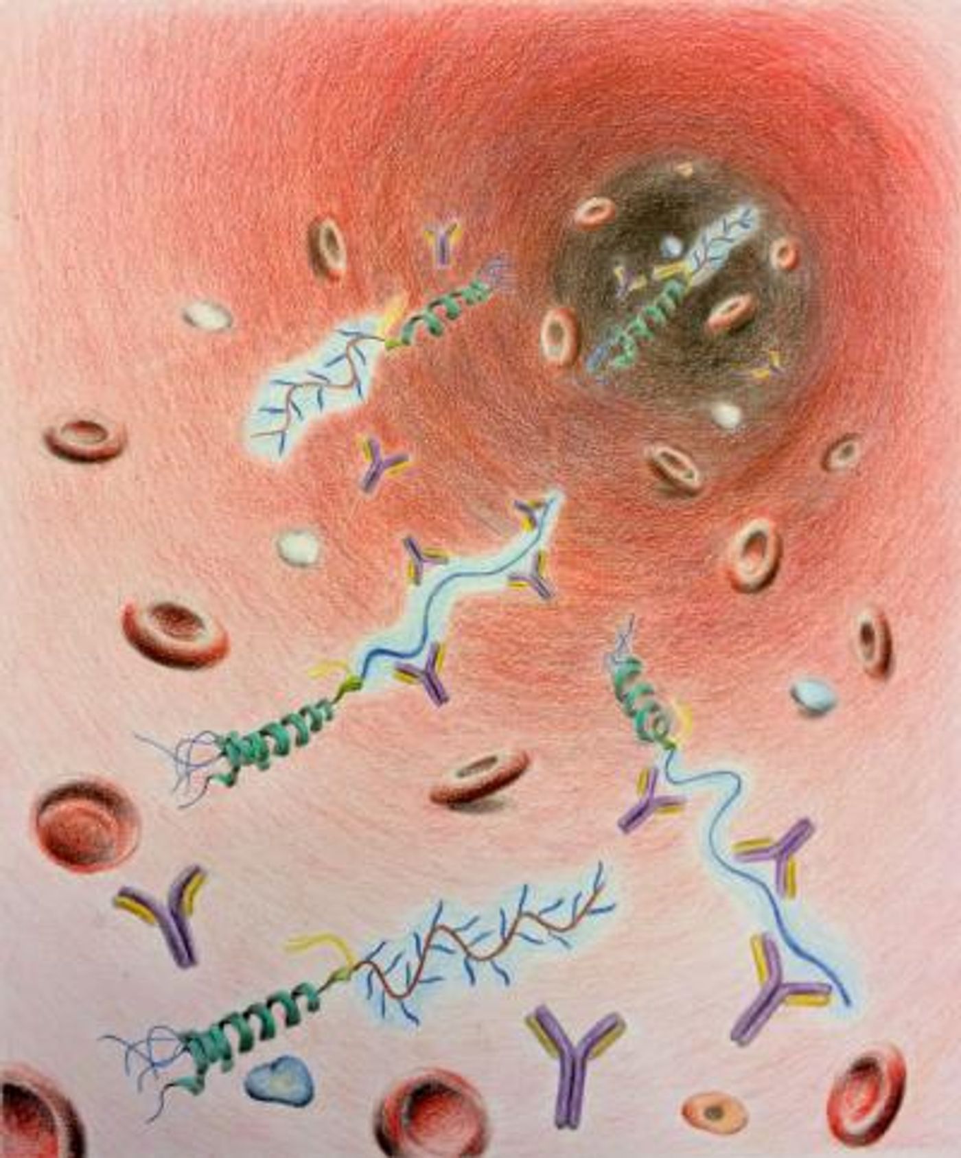 An artistic rendering of a new drug delivery system created by Stacey Qi, first author on the paper. 
