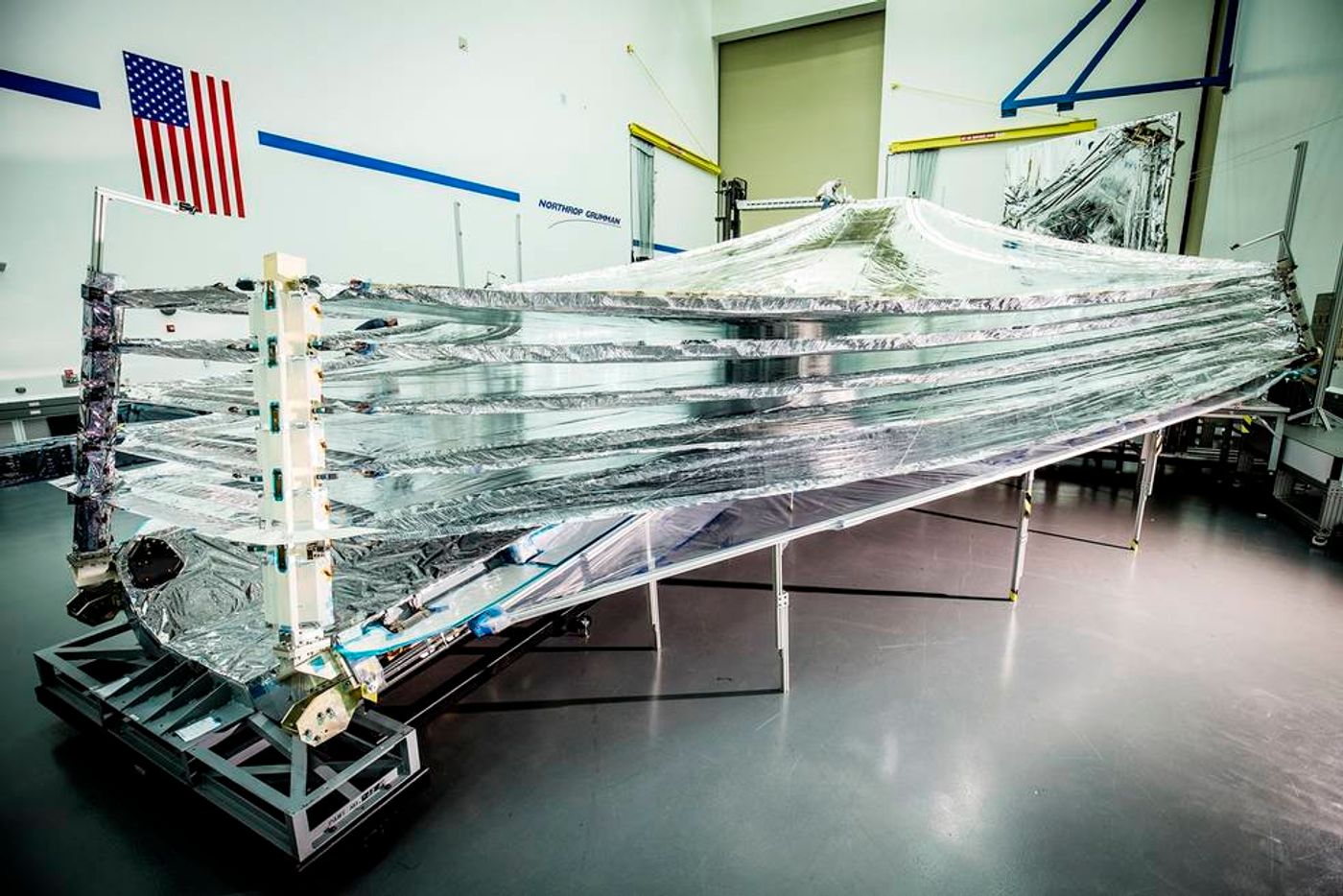 The sunshields that will protect the sensitive sensor equipment on the James Webb Space Telescope.
