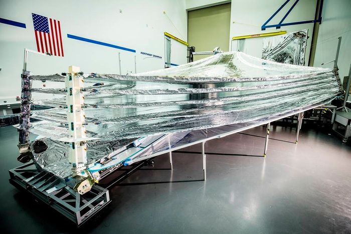 The sunshields that will protect the sensitive sensor equipment on the James Webb Space Telescope.