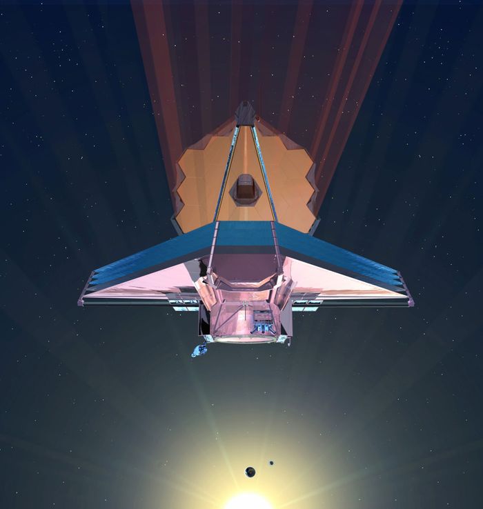 An artist's rendition of the James Webb Space Telescope in space.