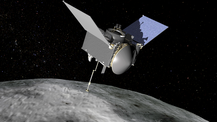 An artist's impression of the OSIRIS-REx probe sampling the asteroid Bennu.