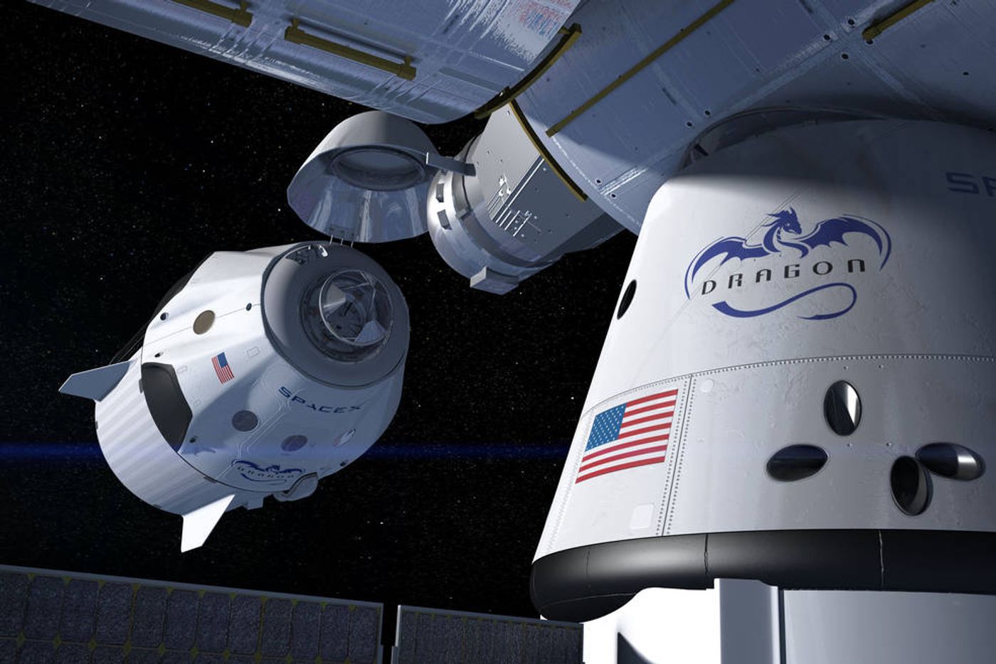 An artist's impression of SpaceX's Crew Dragon spacecraft docking with the International Space Station.