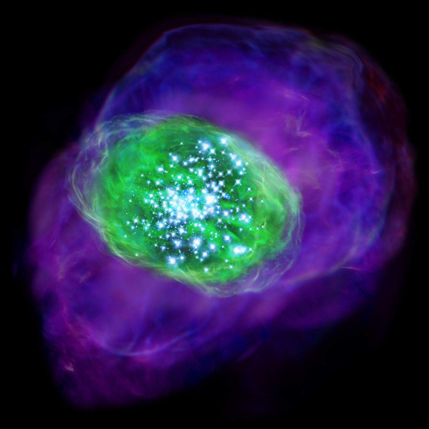 The most distant oxygen ever found in our universe has been found, illustrated by the green in this artist's impression.