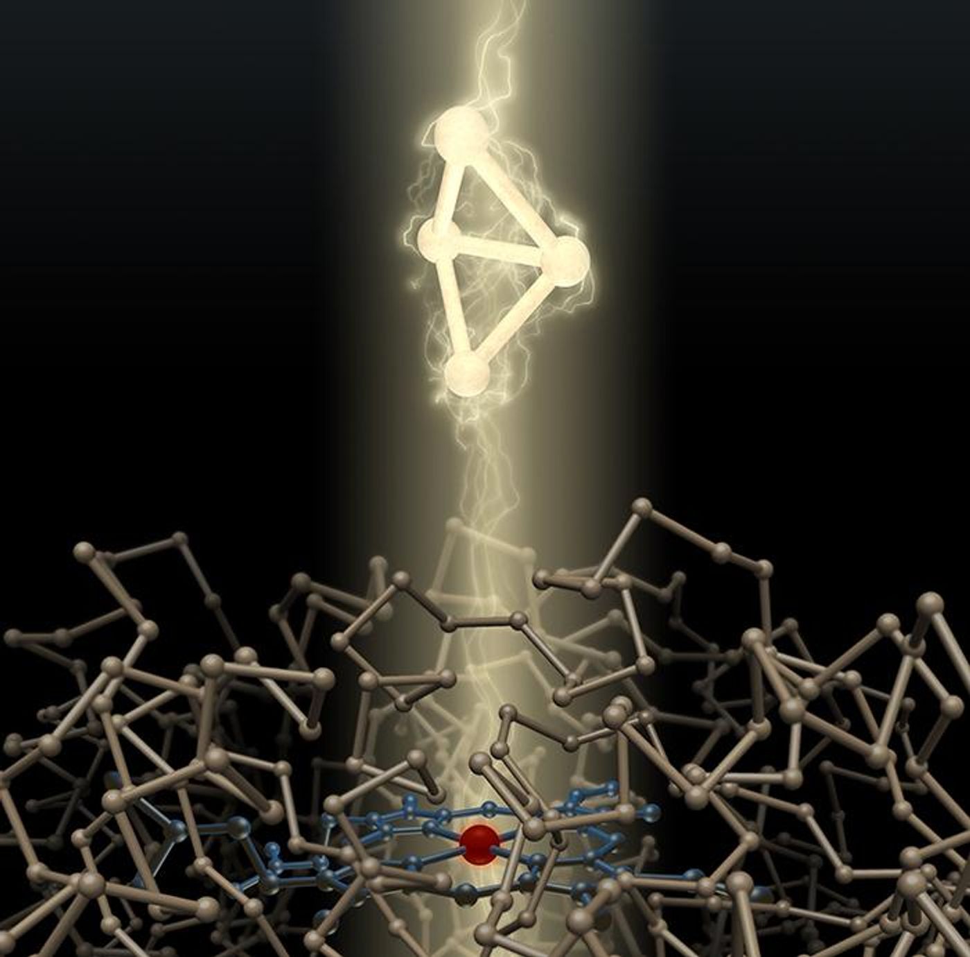 An artist's depiction of a bacterial enzyme derived from directed evolution, and the high-energy carbon ring it can create. / Credit:Caltech