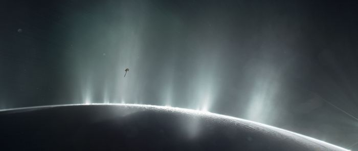 An artist's impression of the Cassini spacecraft flying through Enceladus' water jets.