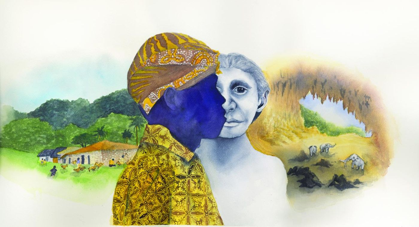 The modern pygmy village, Rampasasa, (left), a modern Rampasasa pygmy wearing the traditional head covering and clothing (center) juxtaposed against a Homo floresiensis reconstruction; pygmy elephants in the Liang Bua cave (right)/ Illustration by Matilda Luk, Office of Communications, Princeton University