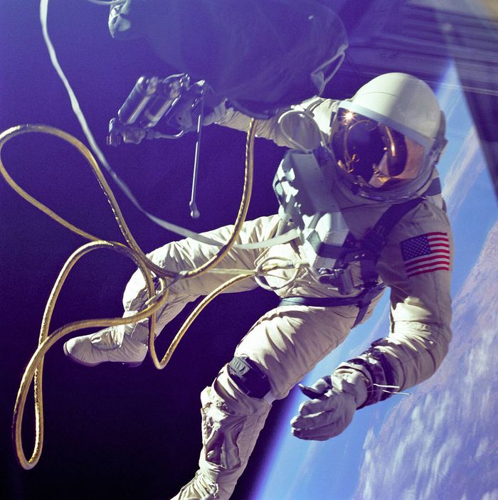 Astronaut Ed White performing the first American spacewalk on June 3, 1965 (Credit: NASA/James McDivitt)
