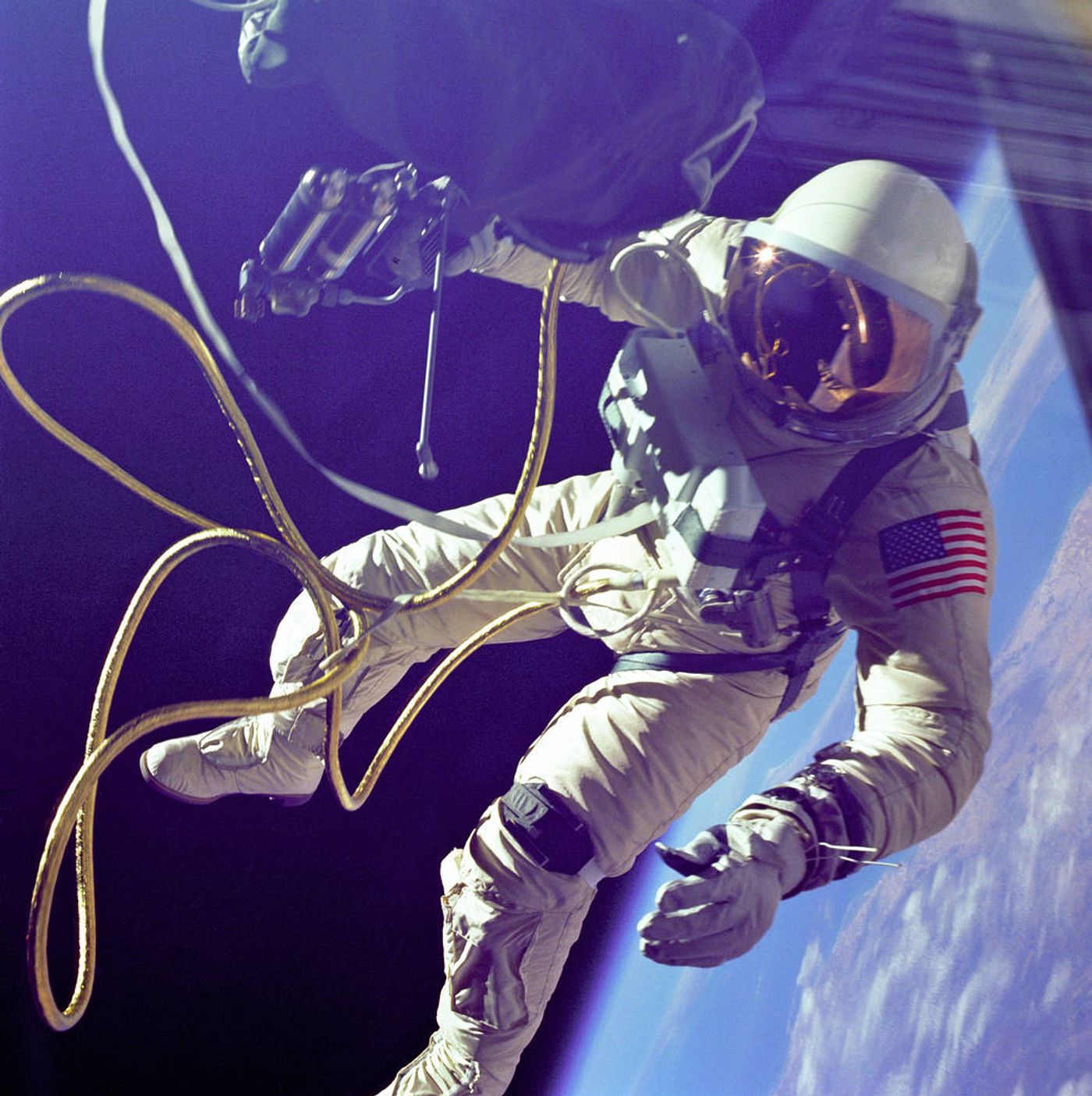 Astronaut Ed White performing the first American spacewalk on June 3, 1965 (Credit: NASA/James McDivitt)